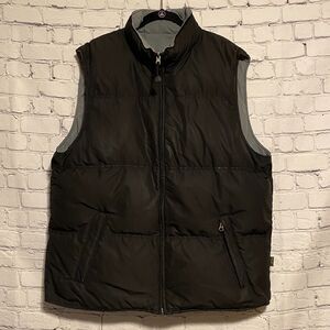 Eddie Bauer Puffer Vest Size XLT Goose Down Black Reversible to Grey Zip Front
